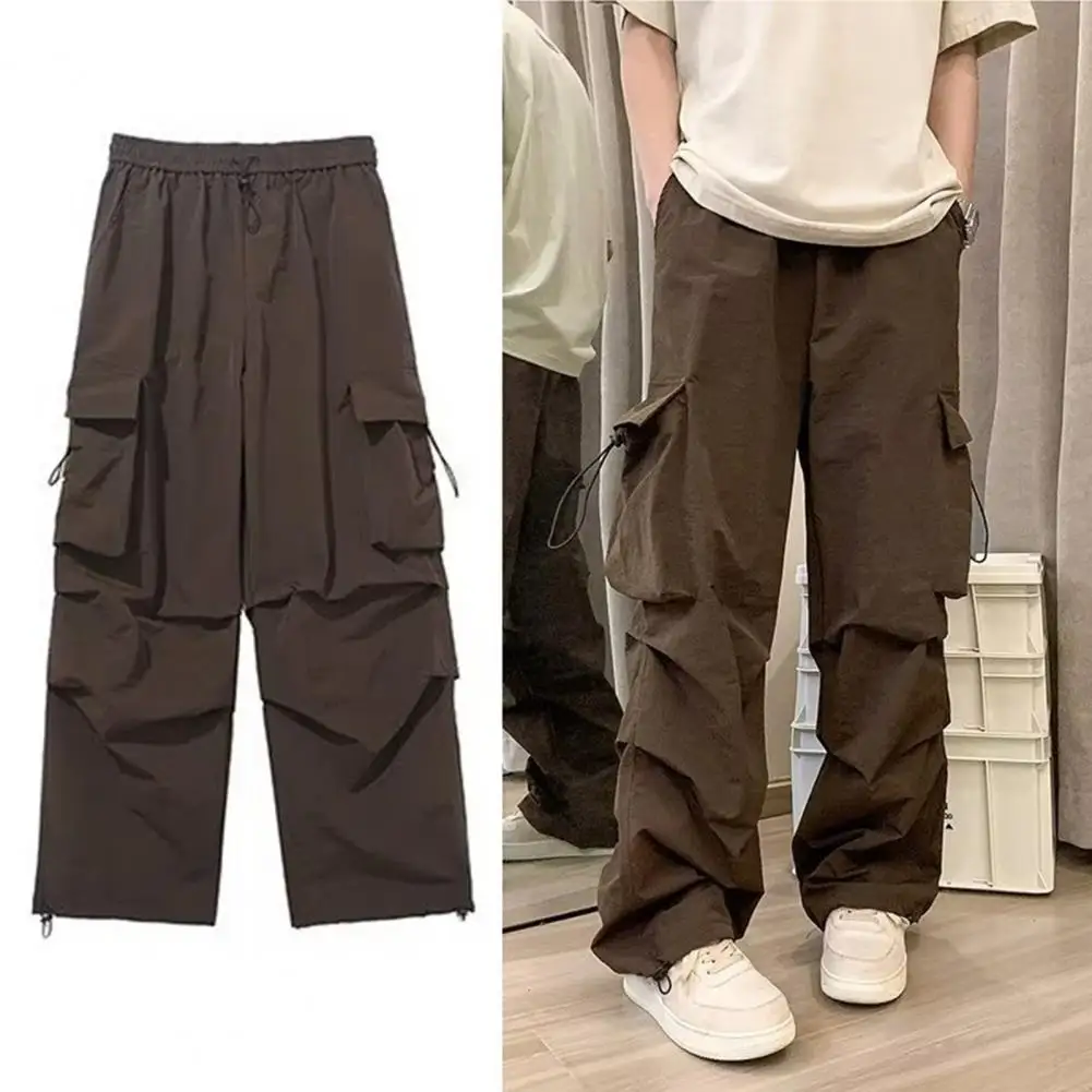 Straight Fit Pants Stylish Men\'s Cargo Pants with Multiple Pockets Loose Fit Elastic Waist Trendy Streetwear Trousers for Hip