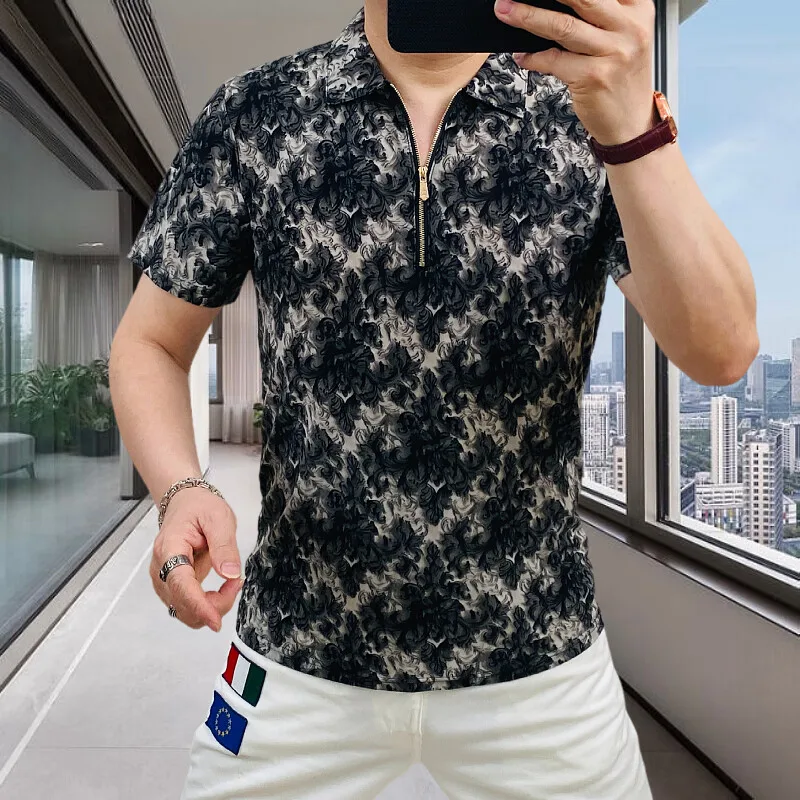 

Luxury Retro Printed Lapel T-shirt for Men Ice Silk Mesh Casual Polo Shirt Slim Fit Short Sleeve Business Social Polo Shirt 2025
