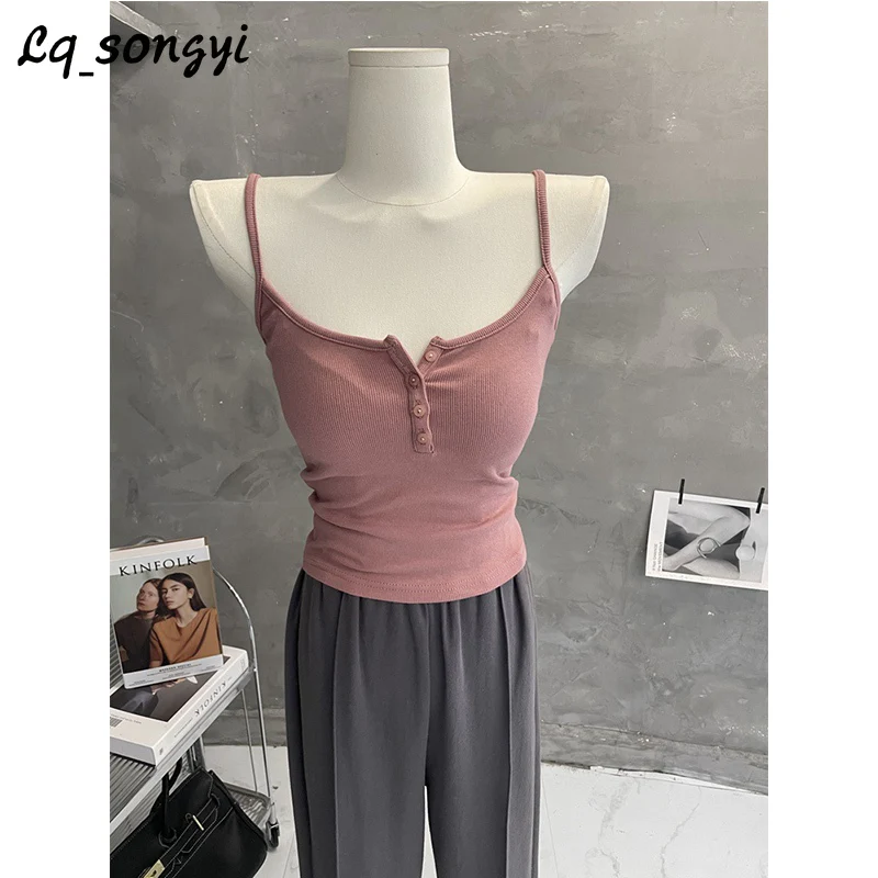 

Lq_songyi Slim Spaghetti Strap Camisole for Women Sleeveless Tops Summer Tanks Tops Buttons Neck Female Basic Solid Camisole