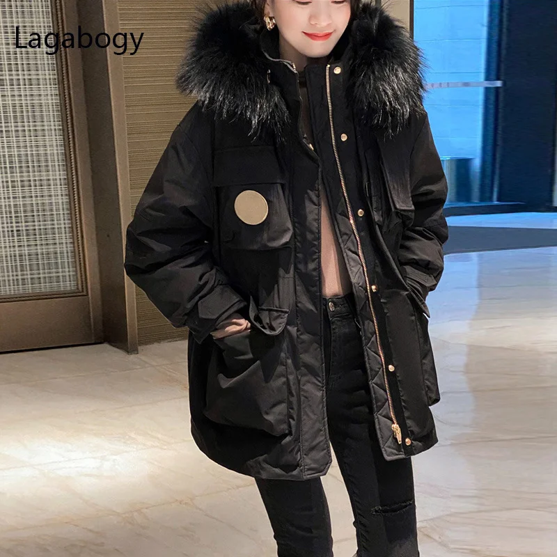 

New 2023 Large Winter Real Raccoon Fur 90% White Duck Down Coat Thick Warm Hooded Loose Parka Female Snow Puffer Jacket