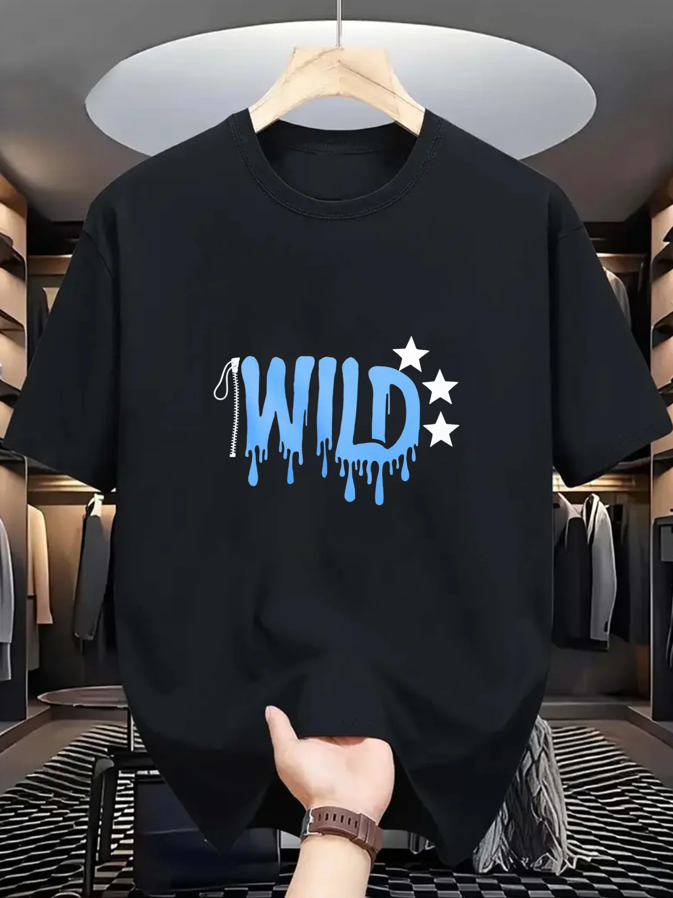 

Мужская черная футболка из чистого хлопка с графическим дизайном WILD, повседневная футболка с короткими рукавами для мужчин, дышащая и удобная