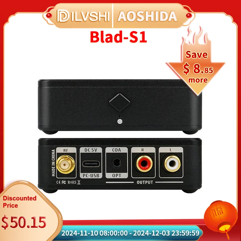 AOSHIDA BLAD-S1 QCC5125 Penerima Audio Bluetooth 5.1 ES9018 Pengodean Tanpa Hilang LDAC HD Pengodean Optik/Koaksial/Output RCA