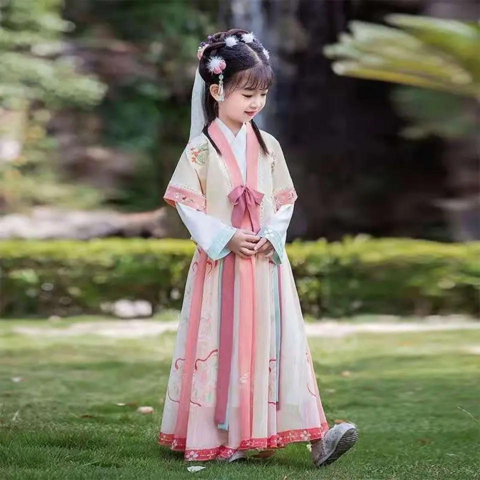 

Girls' Hanfu Ancient Dress Chinese Style Dress Spring and Autumn Hanfu 3-Piece Suit Children's Ancient Tang Dress Hanfu LE500