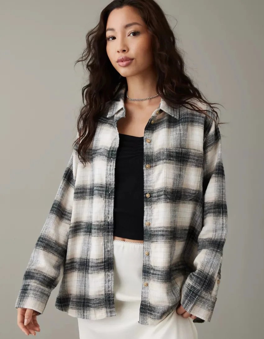 Long sleeved loose checked shirt 2023 popular autumn/winter European/American POLO collar single row multi button coat for women