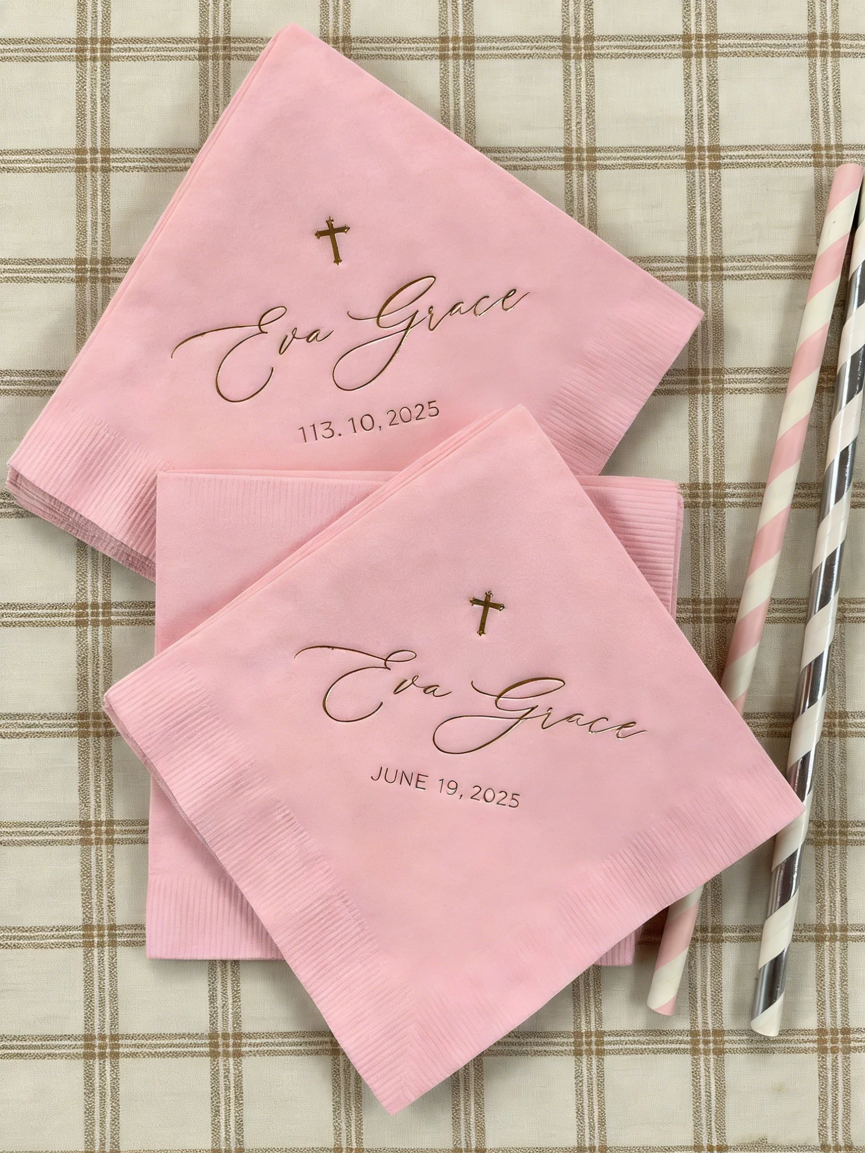 

Personalized Baptism Christening Napkins Custom Cross Monogram - Baby Communion Religious Beverage Cocktail Luncheon Dinner Gues
