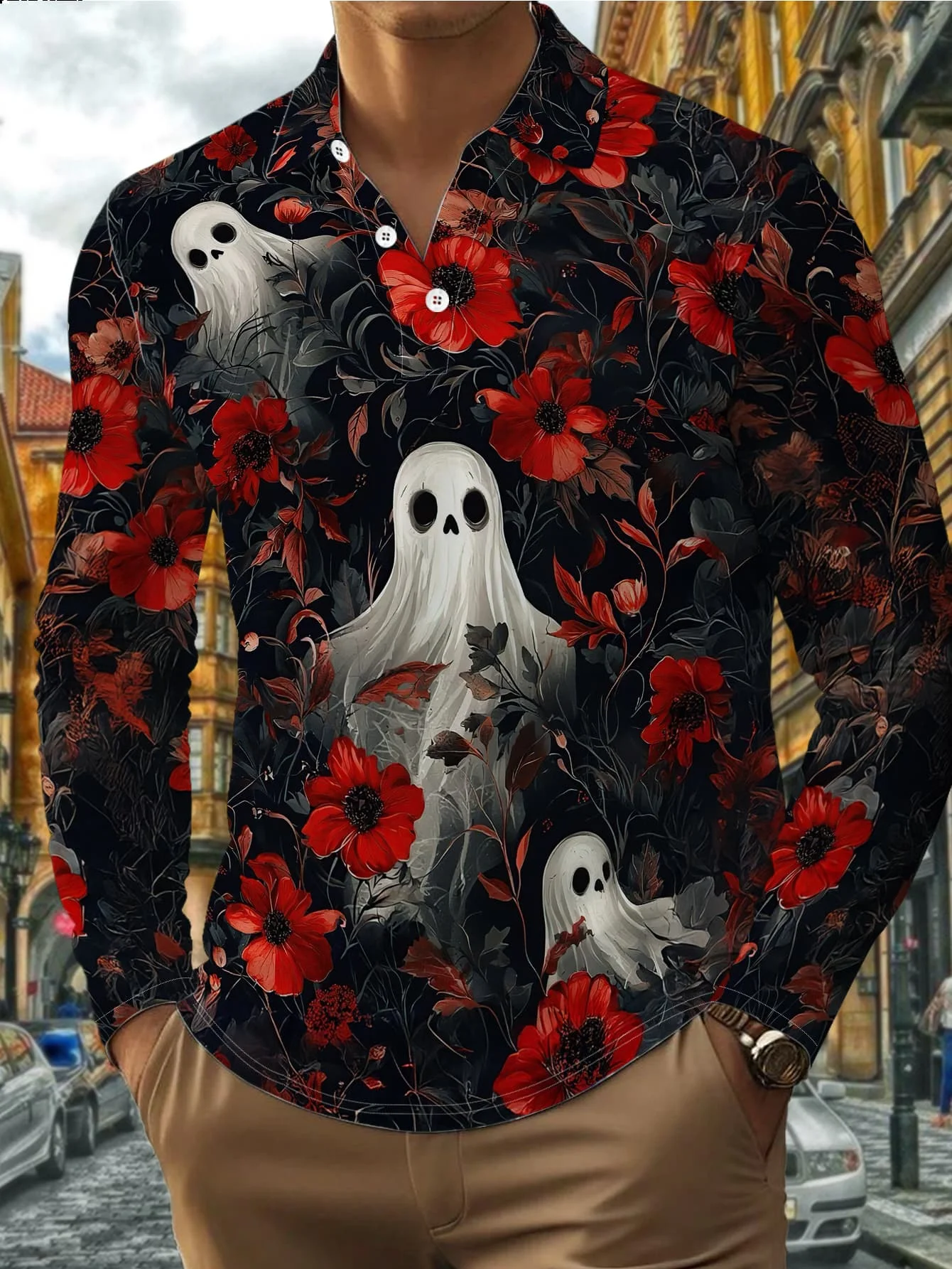 Men Long-Sleeve Henley Shirt Black Red Flower Ghost Print Polyester Lapel Collar Halloween Party Top