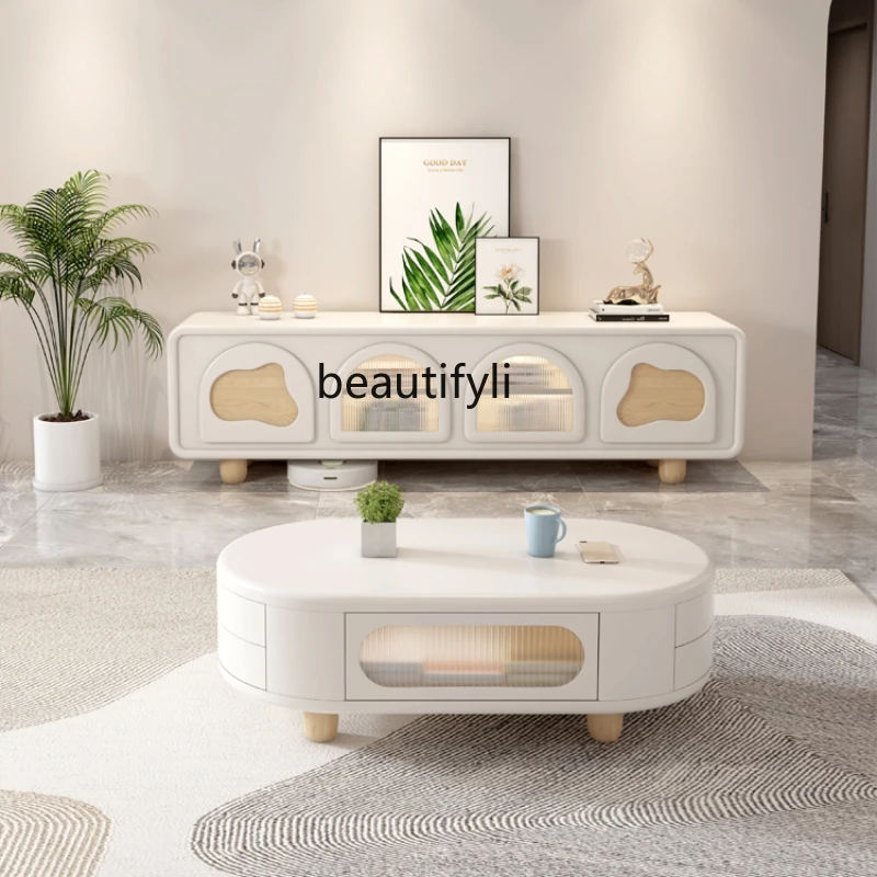 Nordic Wood Color Cream Style TV Cabinet and Tea Table Combination Living Room Home High Floor Cabinet