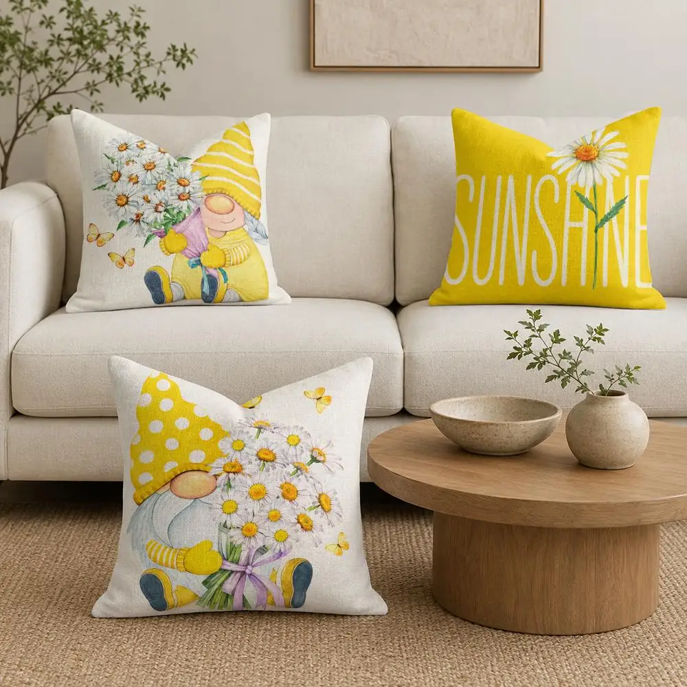Gnomes Daisies Fall Harvest Cushion Cover Natural Linen Organic Fabric Double-Sided Printing Sofa Home Decor Gift Pillow Cover