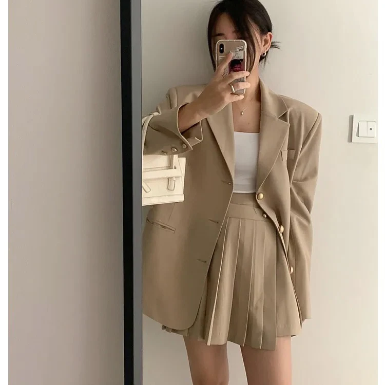 

Корейский стильный костюм-двойка: пиджак на одной пуговице и плиссированная юбка. Новинка весны, маленький размер, элегантный, модный женский комплект.