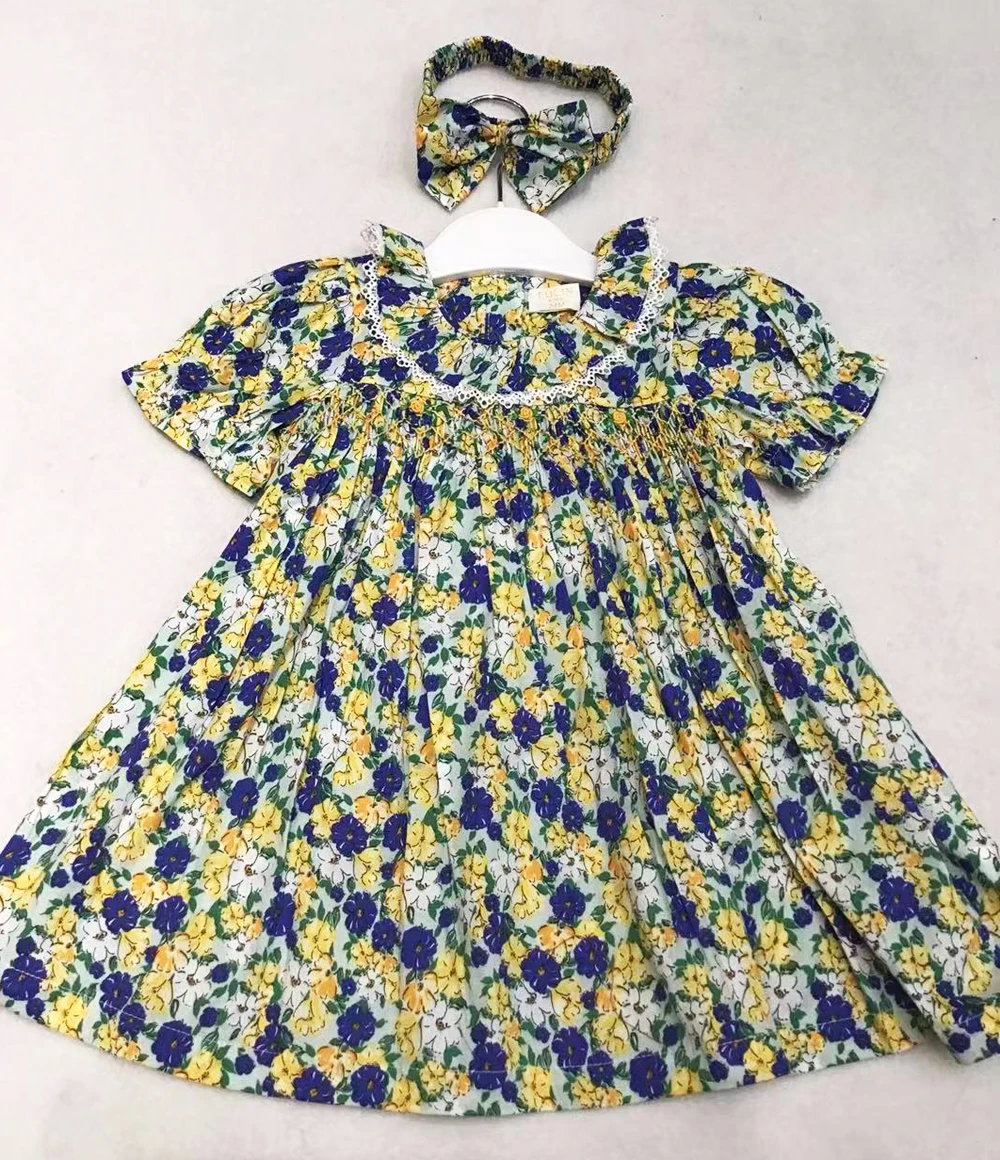 Infant Baby Girls Floral Smocked Dress 2024 Summer 1 2 3 Years Toddler Kids Vintage Embroidery Dresses With Headband