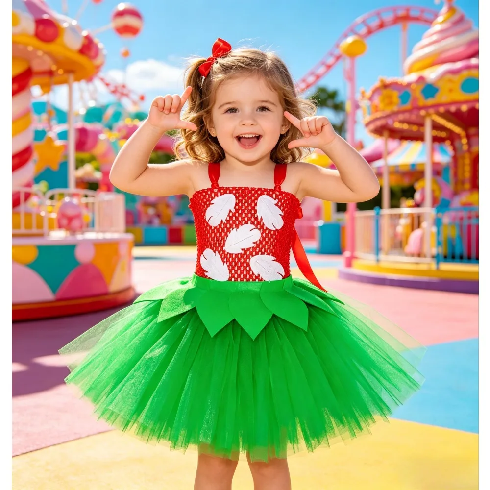 

Baby Girls Hawaiian Princess Tutu Dress Red Green Flower Outfit Kids Hawaii Luau Carnival Halloween Costume with Flower Ring