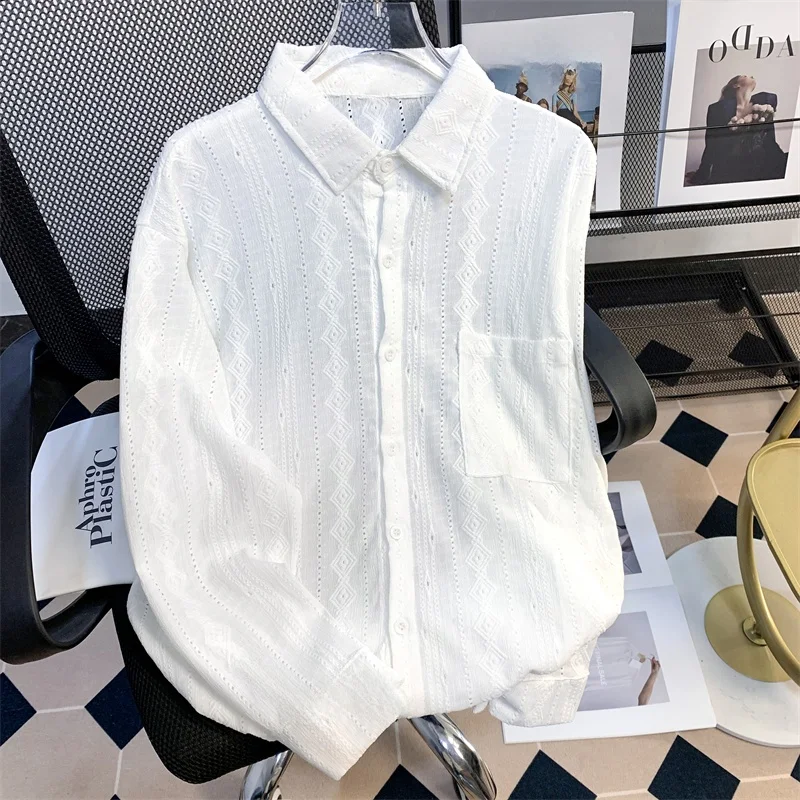 

White Loose Men's Shirt Hollow out Hook Flower Design Retro Japanese Style Hong Kong Fashion Chic Casual Shirt Autumn Long Sl...