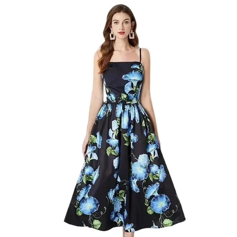 

TRAF Elegant Blue Morning Glory Flower Dress Women Spaghetti Strap Backless Zipper Summer Beach Floral Print Prom dress