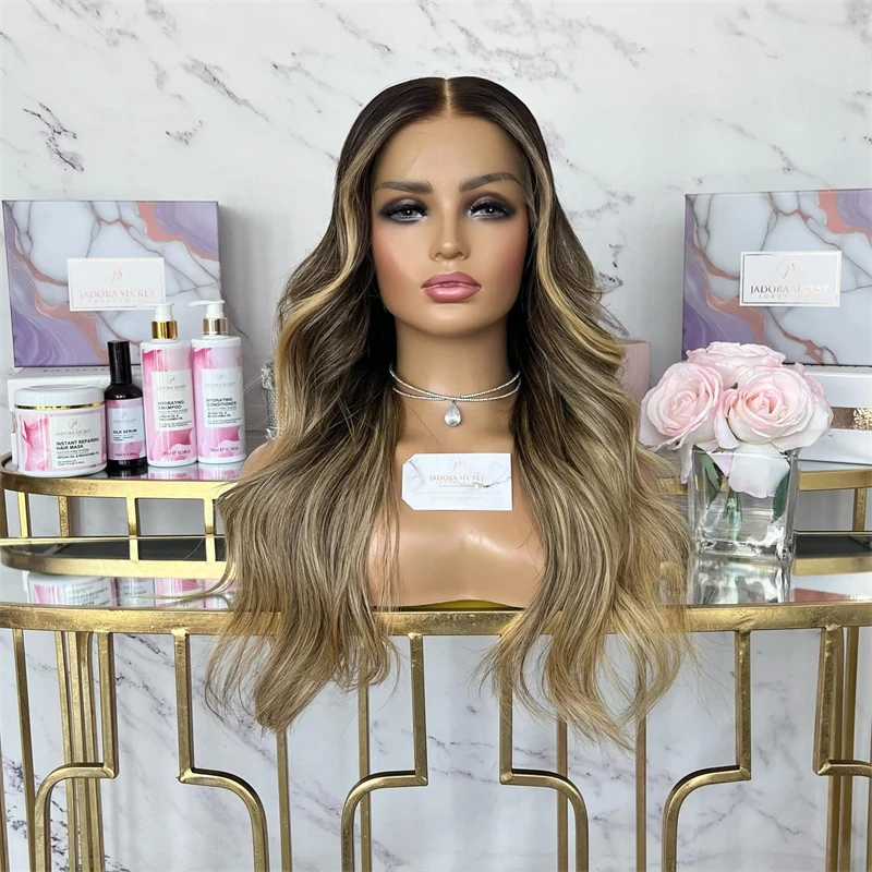 28 cali Peruka Ombre Brown Blonde Colorde With Dark Roots Lace Wig Glueless Natural Preplucked Hairline with Baby Hair Body Wave
