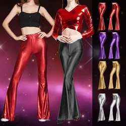 Pantalones acampanados brillantes dorados para mujer, pantalones de campana de aspecto húmedo Sexy láser, pantalones elásticos ajustados Retro de los años 70 y 80, pantalones de baile de discoteca Hip-hop