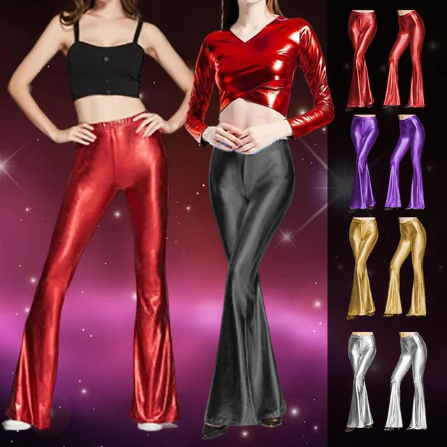 Pantalones acampanados dorados para mujer, pantalones acampanados sexis con aspecto húmedo láser, pantalones Retro de los años 70 y 80, pantalones de baile de discoteca de Hip-hop, pantalones elásticos ajustados