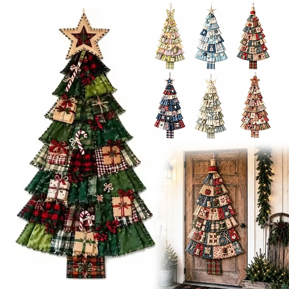 手作りのクリスマスツリーのドア飾りキット。布製のクリスマスツリーで、壁に飾ったり、玄関に飾ったりできる、重ねて貼り付けるタイプのホリデーグッズ。