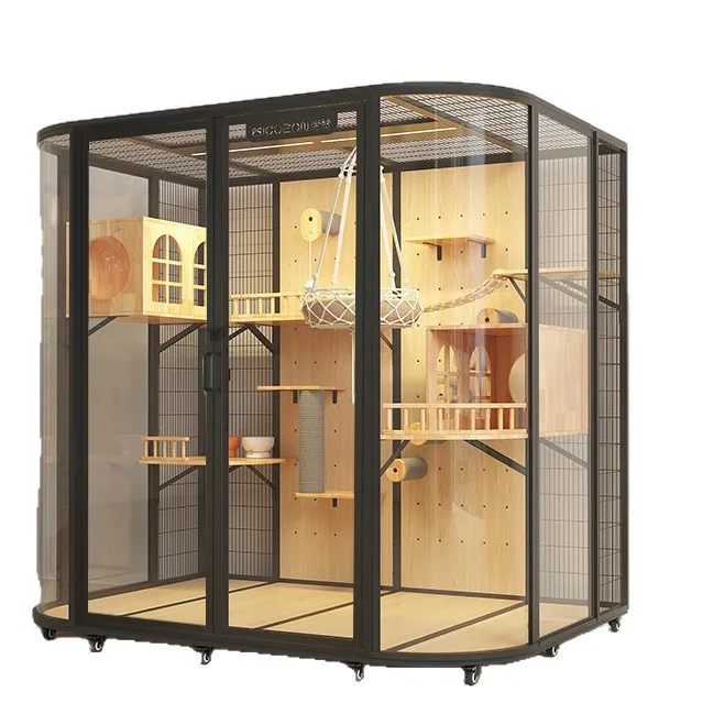 

Cat cage cat villa panoramic glass solid wood DIY cat nest pet house panoramic glass