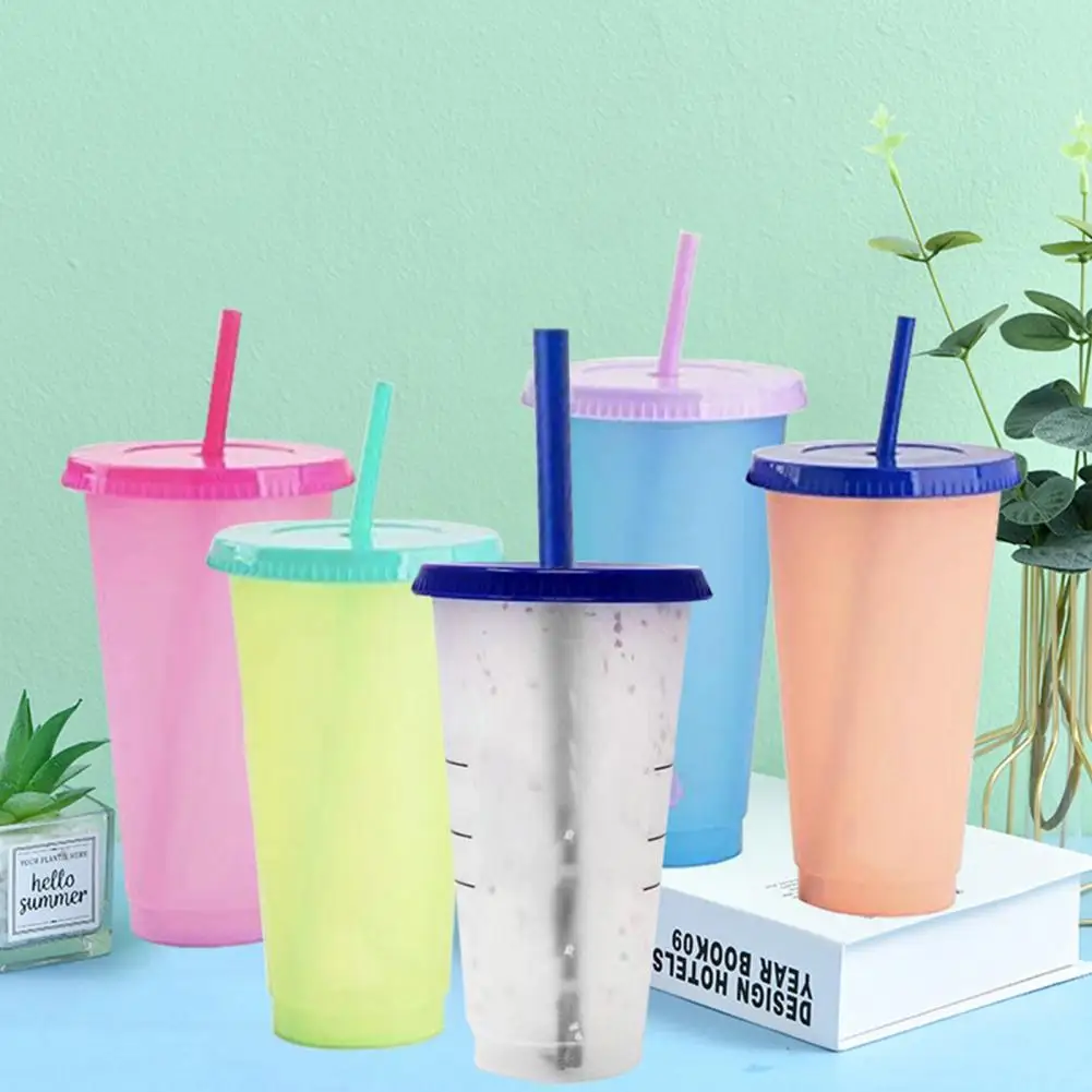 Water Cup 5 Colors Drinking Cup Color Changing Water Bottle Plastic Cold Drink Cups Iced Coffee Tea Smoothie Cup Reusable Tumble