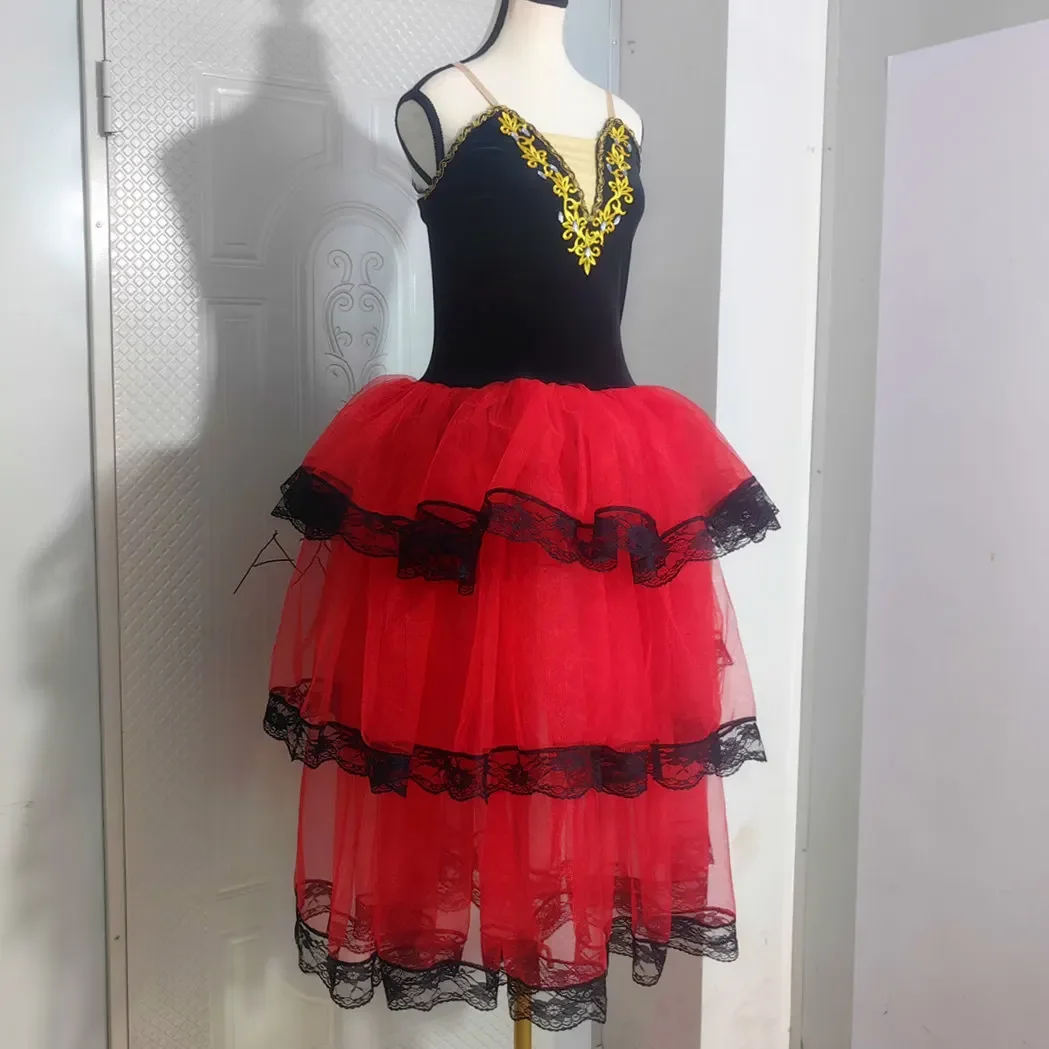 Falda roja española plisada, falda acampanada, vestido de actuación de Ballet para niños y adultos, leotardos para niñas, traje de baile