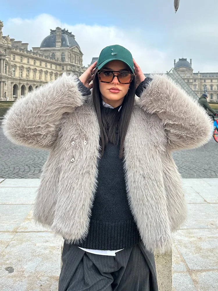 

HH Women's Winter Plush Coat Warm Casual Turn-Down Collar Thick Vintage Long Sleeve Short Outerwear Female Fashion Coat