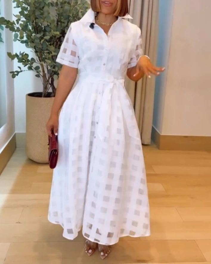 

Turn-Down Collar Plaid Mesh Double-Layered Cinched Waist A Line Shirt Dress Button Down Bow Tie Waist Maxi Dress