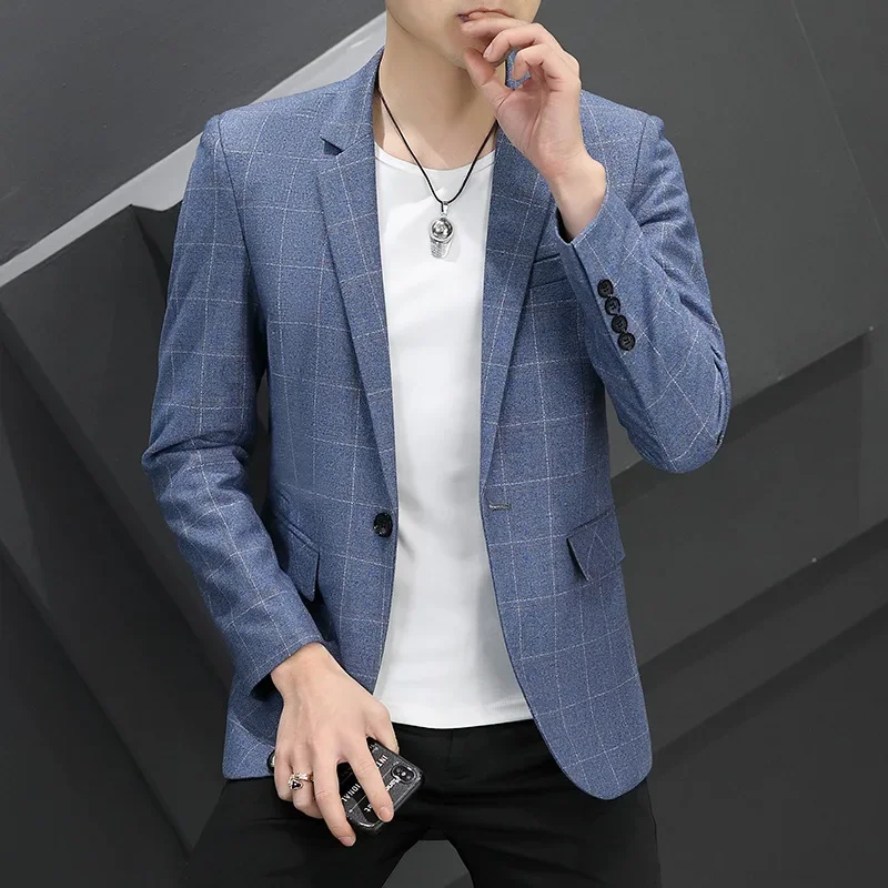 

HOO 2024 Men's Autumn New Plaid blazer Youth Slim British Casual Handsome blazer