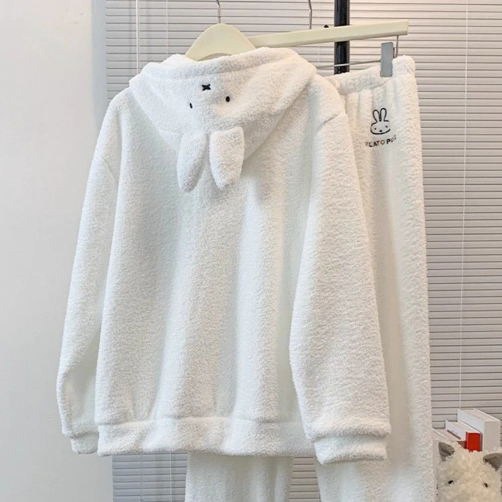 Kawaii Miffy Pyjamas Niedliche Cartoon Miffy Kaninchen Fleece Kapuzenpyjamas für Mädchen Einfarbige Damen-Hauskleidung