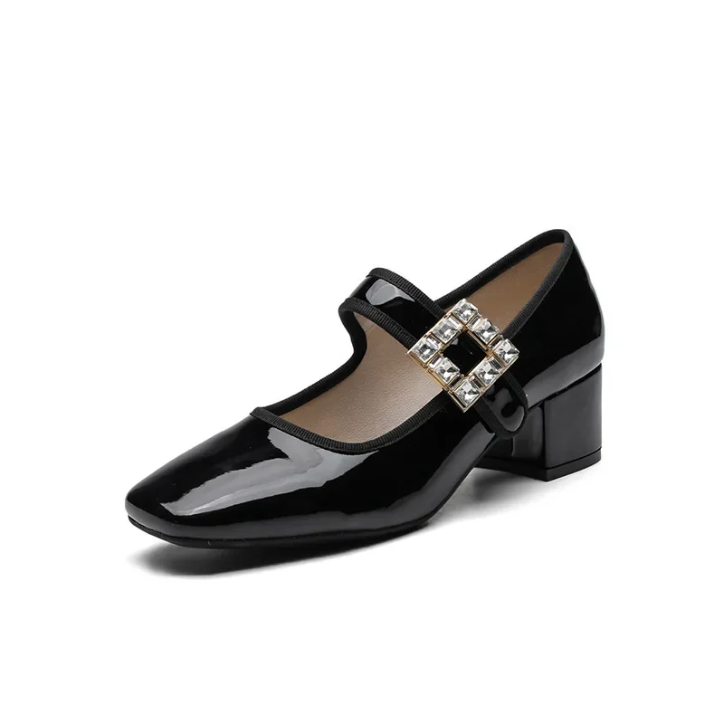 

Mary Jane Rhinestone Buckle Strap Zapatos Mujer 2025 Tendencia Black Patent Leather Shoes Women Chunky Mid Heels Dressing Pumps