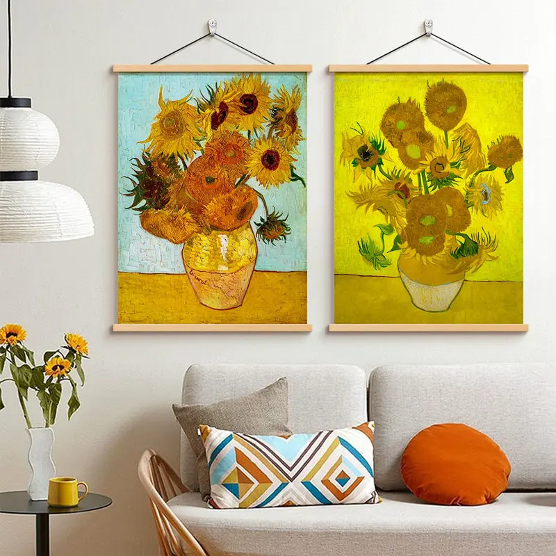 Wall Art Bright Yellow Sunflowers and Blue Vase Vintage Style Pearlescent Canvas Hanging Scroll with Wooden Rods for Living Room