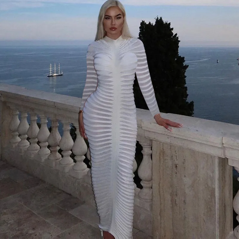 

Knitting Striped See Though Bodycon Maxi Dress Women Elegant Night Club Party Stretchy Long Sleeve Birthday Long Dresses Robes