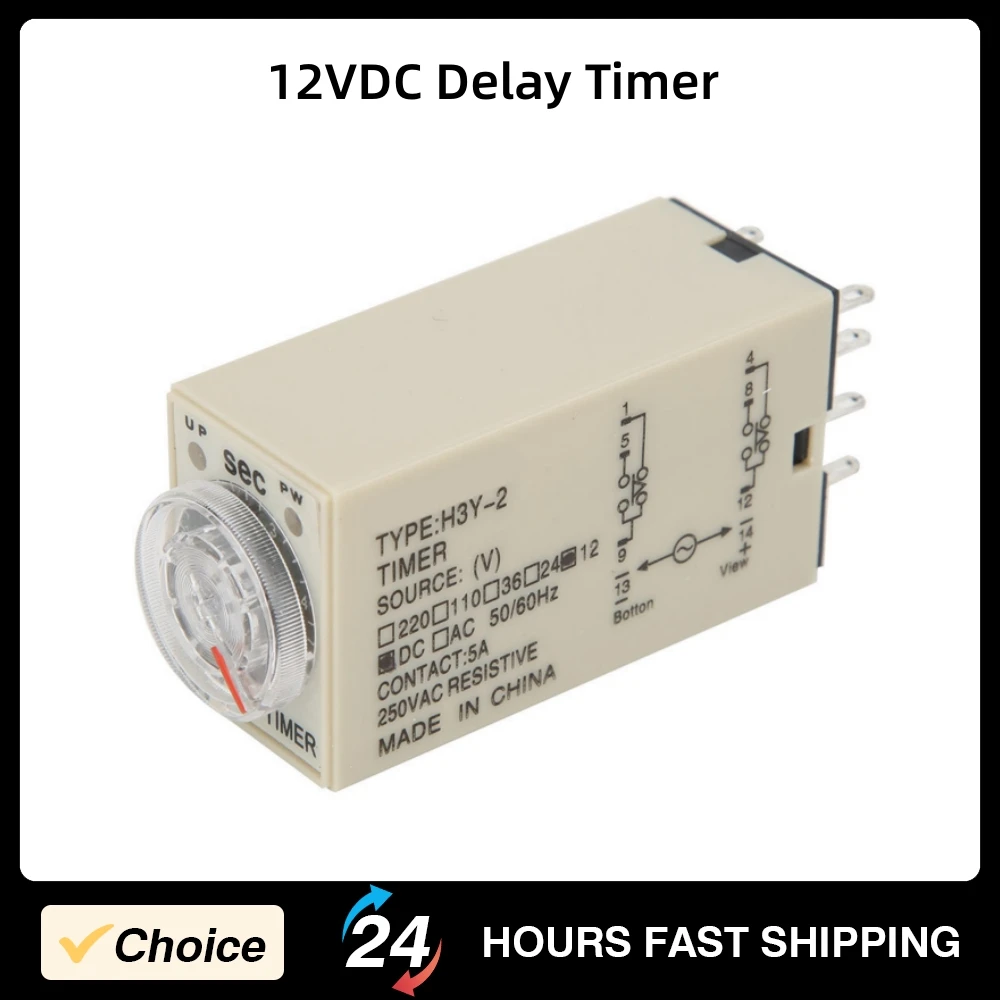 12VDC Delay Timer 8-Pin Time Relay 0~5 Second Dial Type Timing Delay Timer Electric Home Appliance Industrial Control Tools