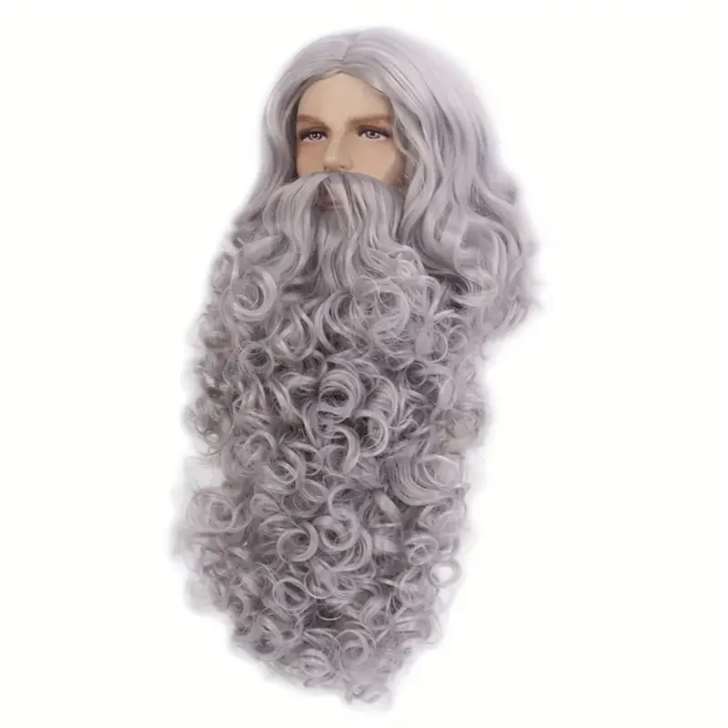 Santa\'s Super Fluffy Grey Wig & Beard Set - Synthetic Curls for Memorable Cosplay and Halloween Costumes for Christmas J47801S