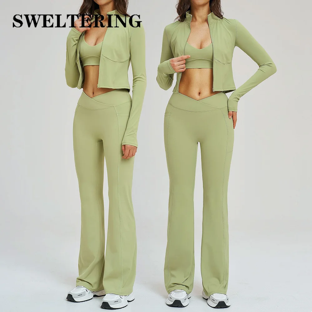 

Комплект для йоги из 3 предметов: женская спортивная одежда для тренировок, спортивный костюм с длинным рукавом на молнии и леггинсами с высокой талией