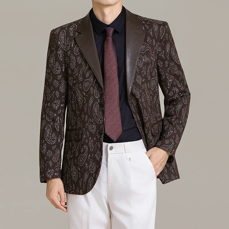 

Высококачественный мужской облегающий банкетный деловой костюм в корейском стиле, модный и повседневный жаккардовый лоскутный кожаный пиджак