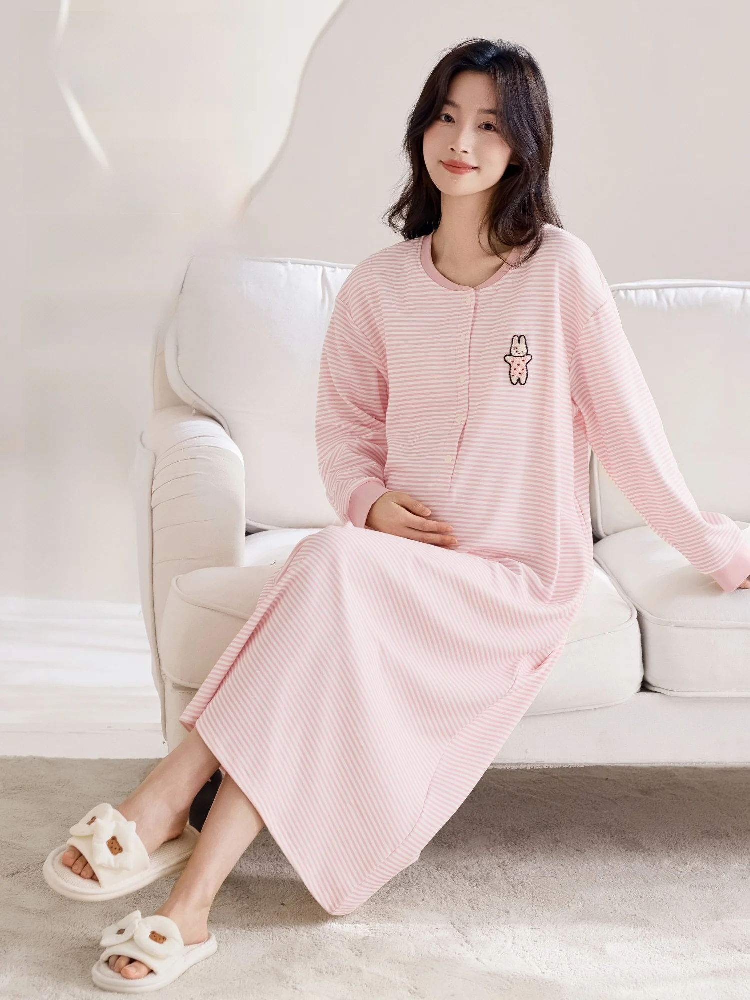 pure-cotton-maternity-nightgown-women's-style-with-chest-pad-nursing-postpartum-moon-clothes-maternity-home-clothes