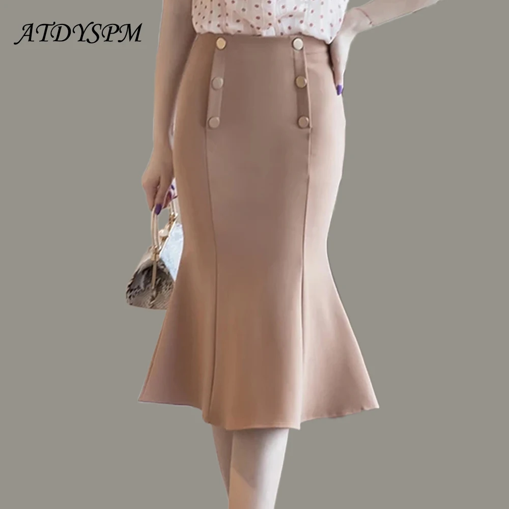 

Chic Double Breasted Women Mermaid Skirts Office Lady Slim High Waist Package Hip Midi Skirts Female Solid Stretch Party Bottoms