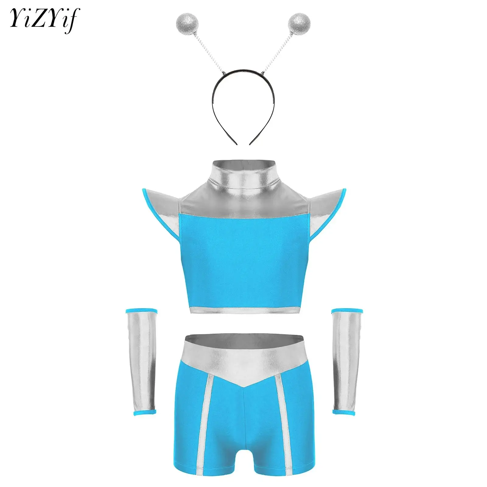 

Girls Alien Robot Outer Space Costume Cap Sleeve Crop Top with Shorts Oversleeves Hair Hoop for Halloween Cosplay Theme Party