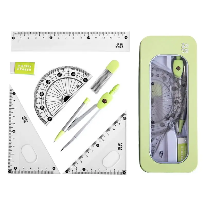 

7PCS Stainless Steel Compass Set Math Geometry Tools with Eraser Ruler Student Carpenter Drafting Drawing School Supplies