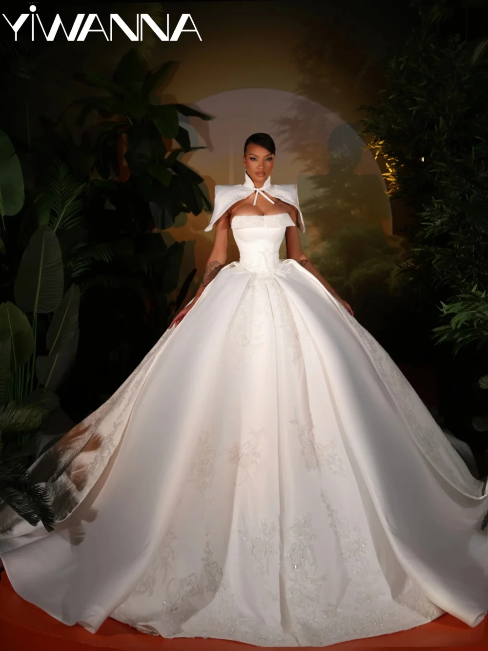 

White Satin Beaded Princess Wedding Dress Detachable Sleeve Floor-length Bridal Gown Customized Dreamy Elegant Dresses For Bride