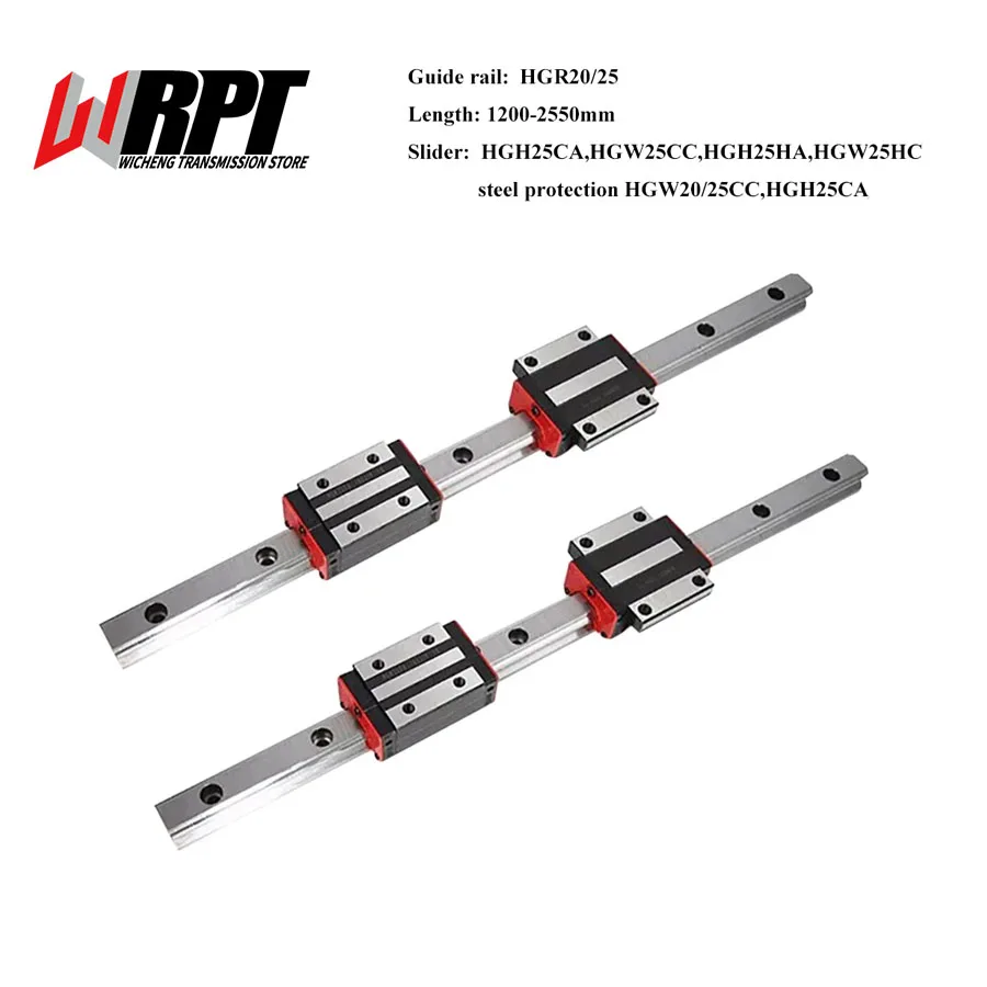 Linear Guide Rail 2PCS HGR20 HGR25 1200-2550mm Guideways Rod Set+4PCS HGH25CA/25HA HGW25CC/25HC Slider Carriages For CNC Parts