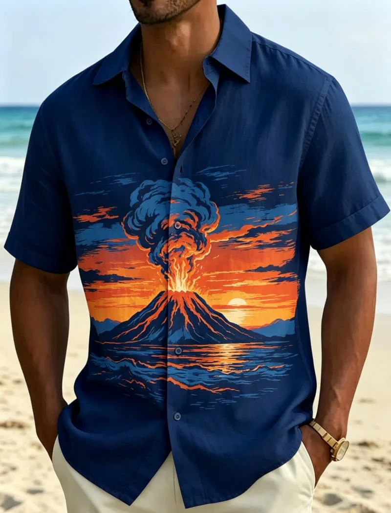 Landscape Natural Printed Short Sleeved Shirt For men's Casual Cardigan top, With A Peaceful And Natural Charm For Daily Wear