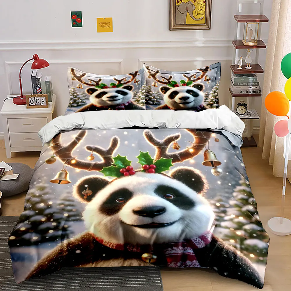 A cute panda in Christmas decor smiling in snowy scenery Print Duvet Cover Bedding Set Included 1*Duvet Cover 2*Pillowcases