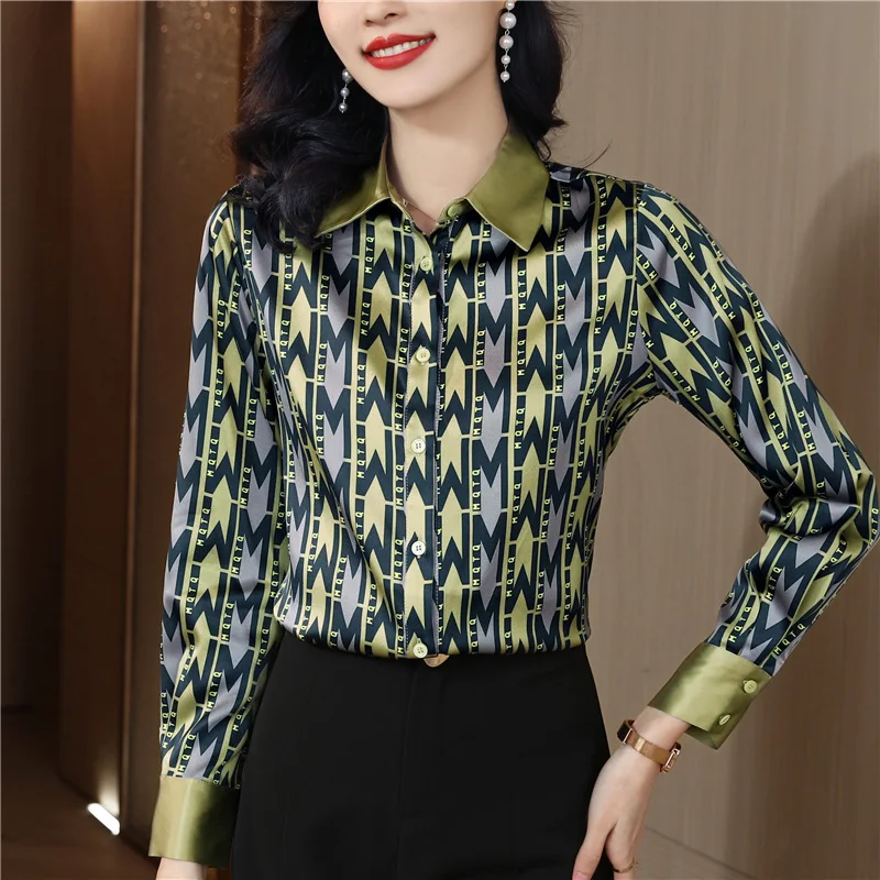 2023 New Spring Autumn Women Top Silk Shirts Blouses Elegant Office Ladies Long-Sleeve Vintage Print Satin Shirt Female Clothes