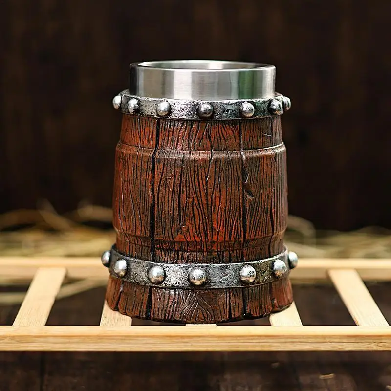 

Wooden Barrel Beer Mug 600ml Drinkware Coffee Mug Bucket Shaped Stainless Steel Double Wall Cocktail Mug For Milk Cocoa Coffee