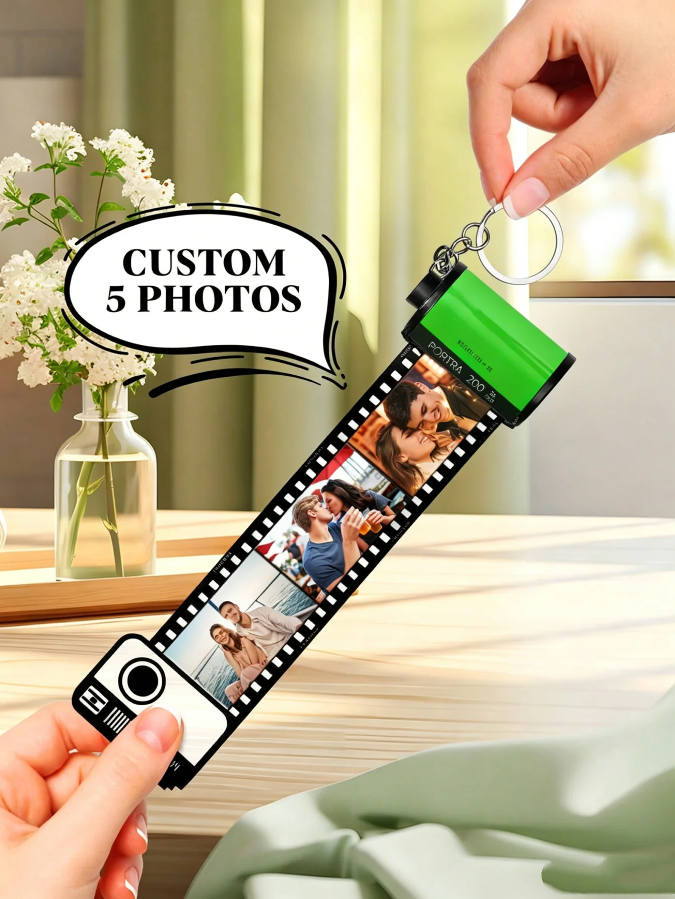 1pc Custom Film Photo Keychain 5 Pictures 2 Colors Yellow Green Camera Roll Keyring Gift For Couple Mom Dad Valentine Birthday