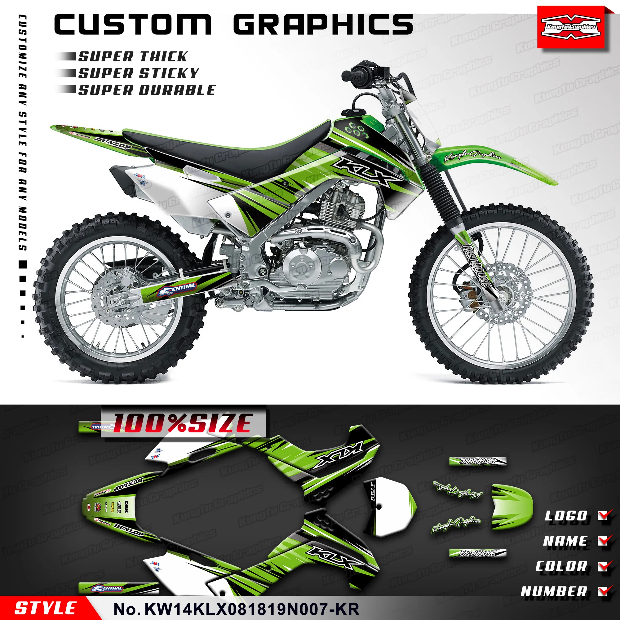 

KUNGFU GRAPHICS Adhesive Decals Glossy Laminate for KLX 140 KLX140 2008-2020, KW14KLX081819N007-KR