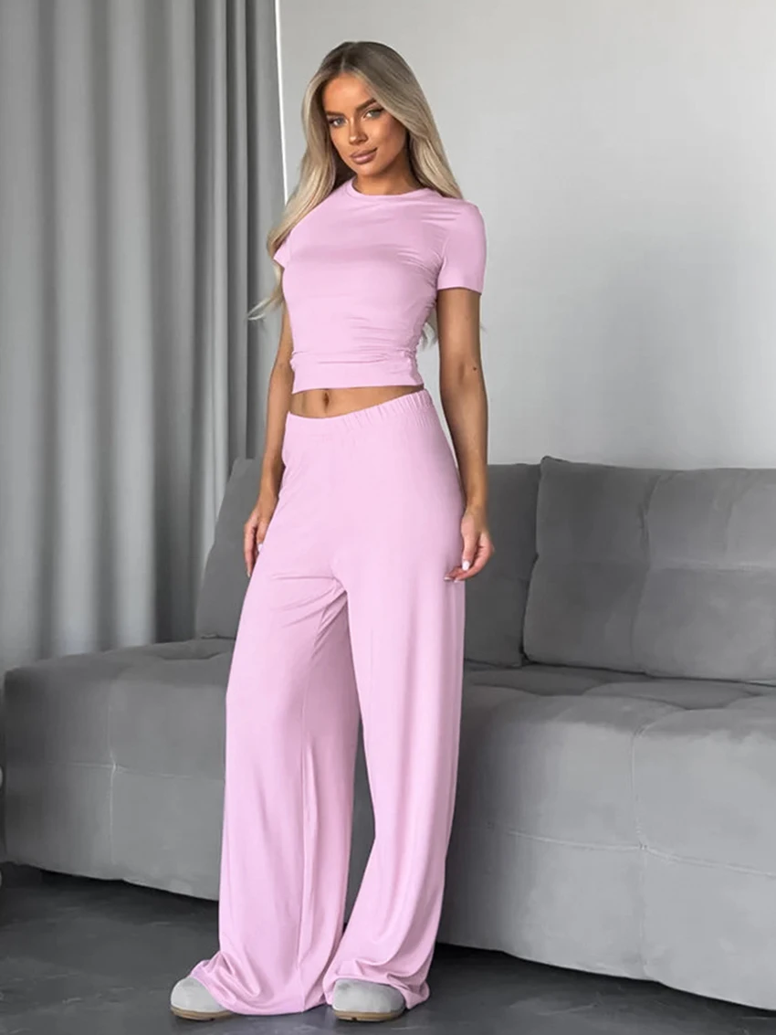 Marthaqiqi Home Clothes Ladies O-Neck Sleepwear Short Sleeve Nightgown Crop Top Nightwear Pants Casual Female Pajama 2 Piece Set