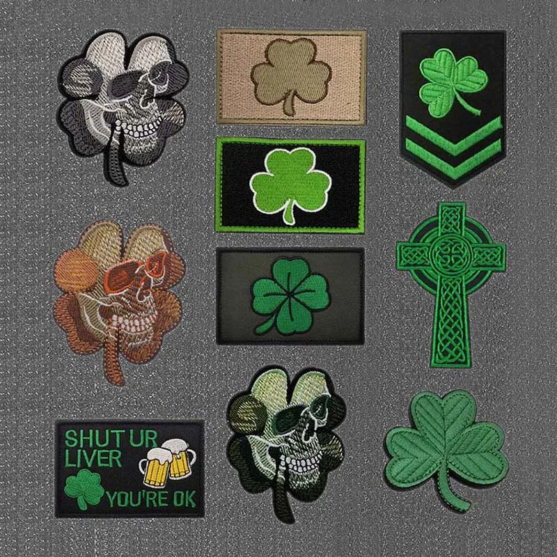 Vier Blätter, Kleeblatt, Totenkopf-Emblem, Stoff-Applikation, Stickerei-Patches, militärische Armband-Aufkleber, taktische Abzeichen für Rucksack