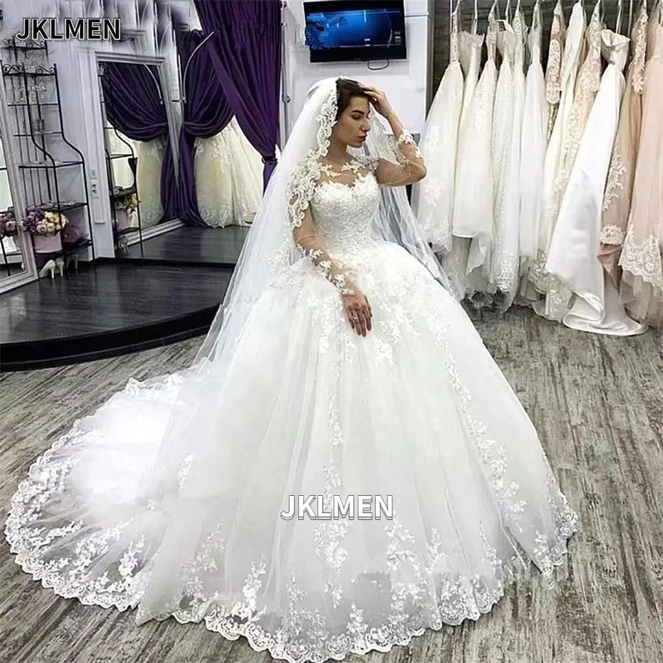 Illusion Round Neck Long Sleeves High Waist Wedding Dresses Vintage Lace Corset Back Court Train Bridal Ball Gown